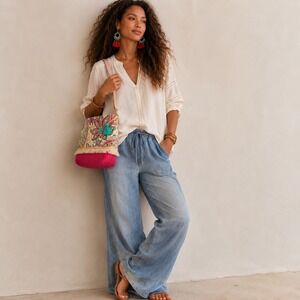 Spartina Pink Paisley Embroidered Linen Fringe Tote Bag